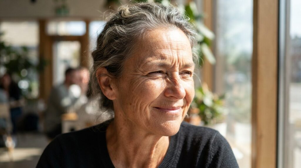 Close-up photorealistic stock photo of a womans face in har