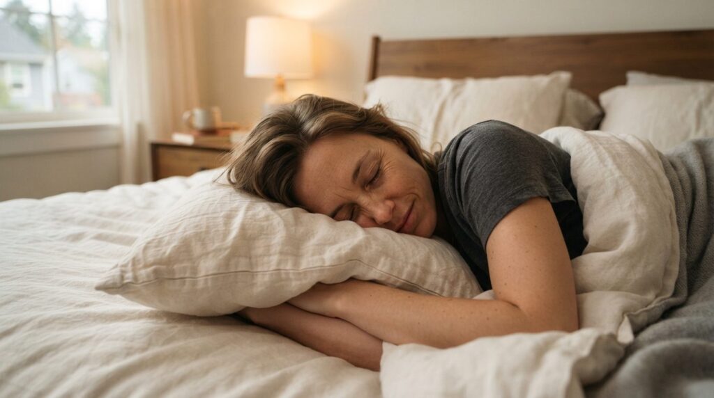 Photorealistic image of a woman sleeping on her side on a pi