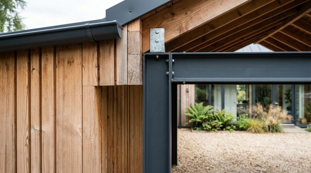 Close-up architectural detail of carport construction showin