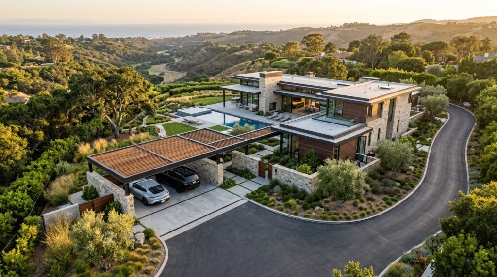 Aerial perspective of luxury residential property featuring