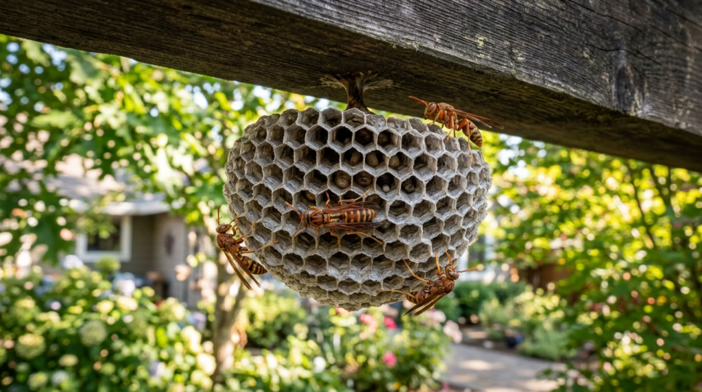 Close-up detail of a dangerous paper wasp nest built under a