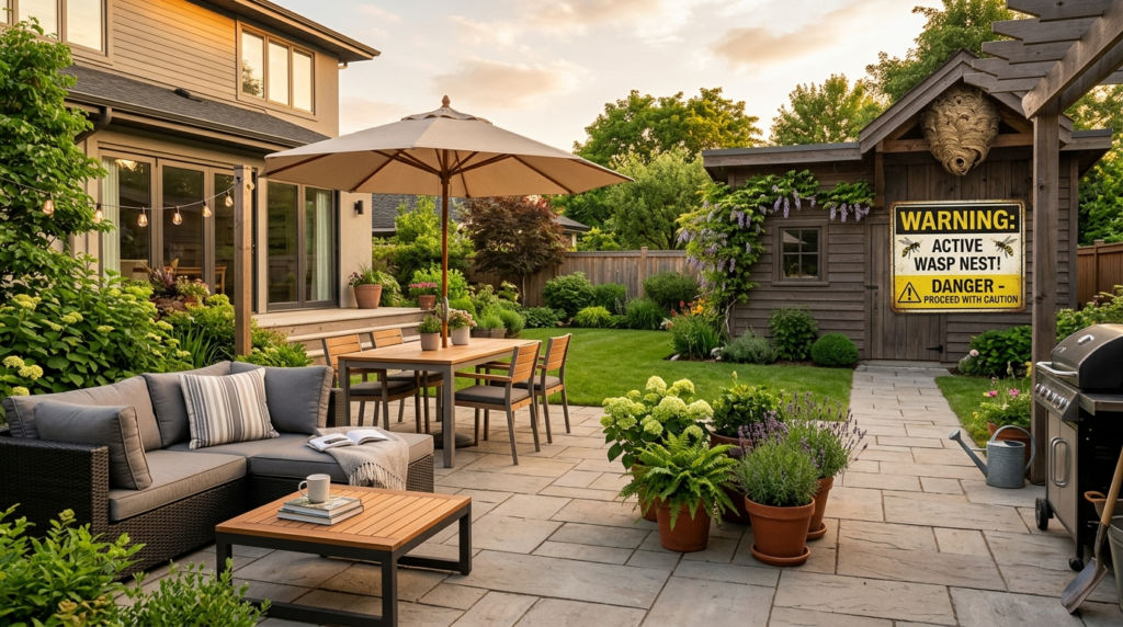 Wide shot of a modern residential backyard patio with family