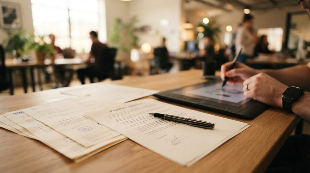 Close-up stockfoto of business contract and ISO certificatio