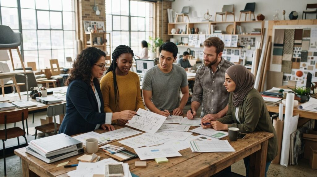 Stockfoto of diverse team in creative studio discussing secu