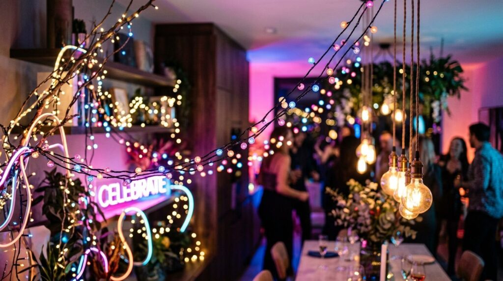 Close-up professional shot of decorative party lighting inst