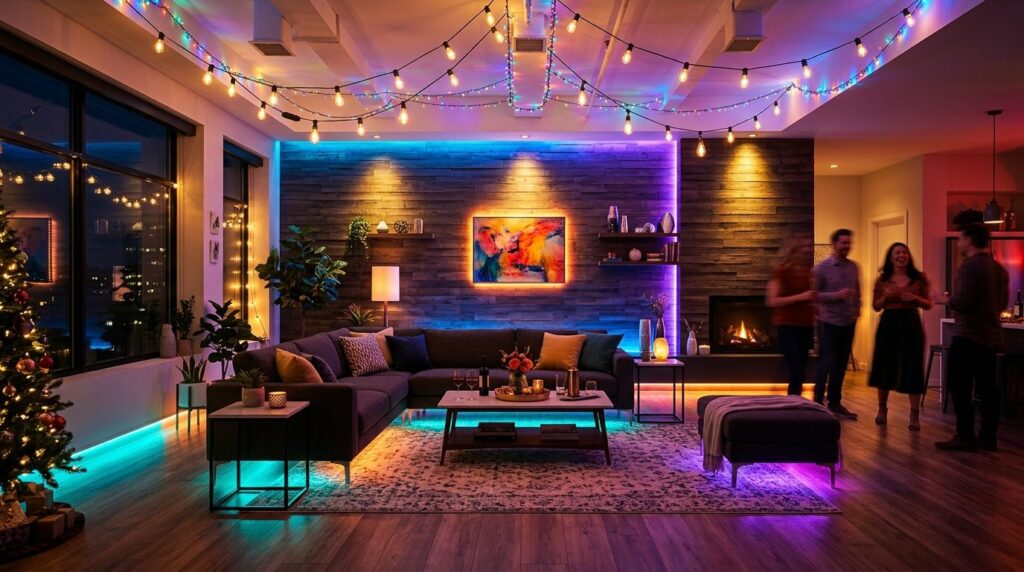 Wide-angle professional photograph of a festively lit living