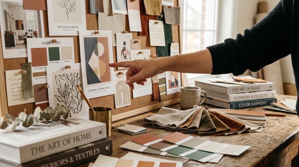 Close-up of a womans hand pointing to different art posters