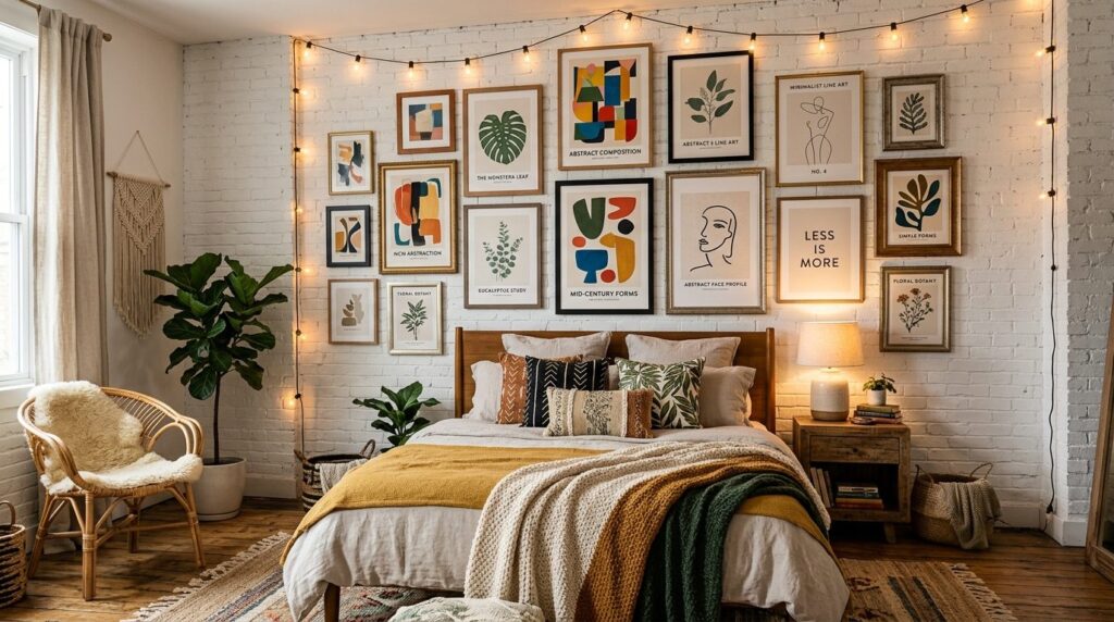 An eclectic bedroom interior showcasing diverse art posters