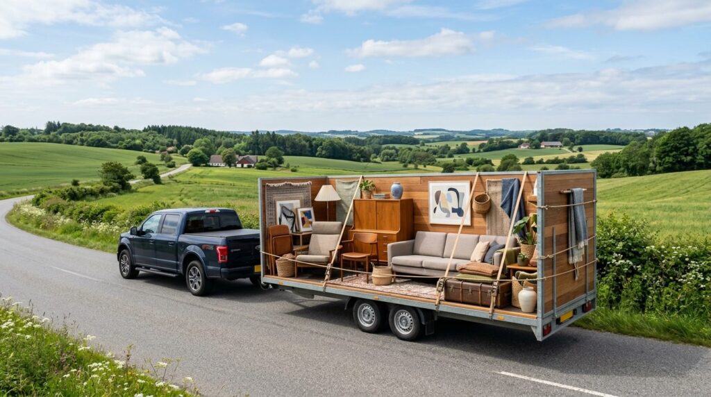 Wide landscape photograph of an organized trailer loaded wit