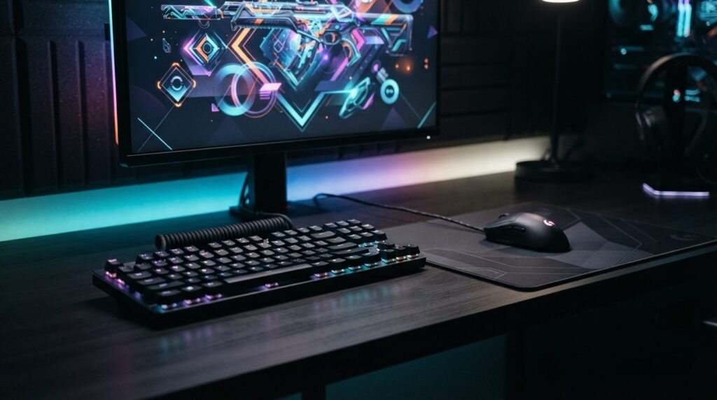 Close-up photorealistic shot of gaming setup workspace with