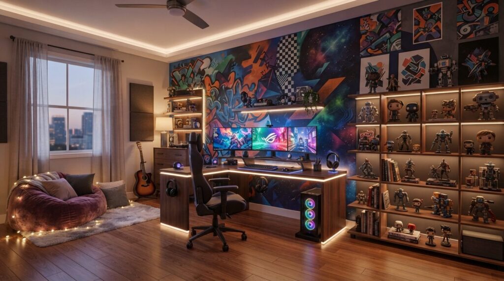 Wide angle interior photography of a teenagers gaming bedro