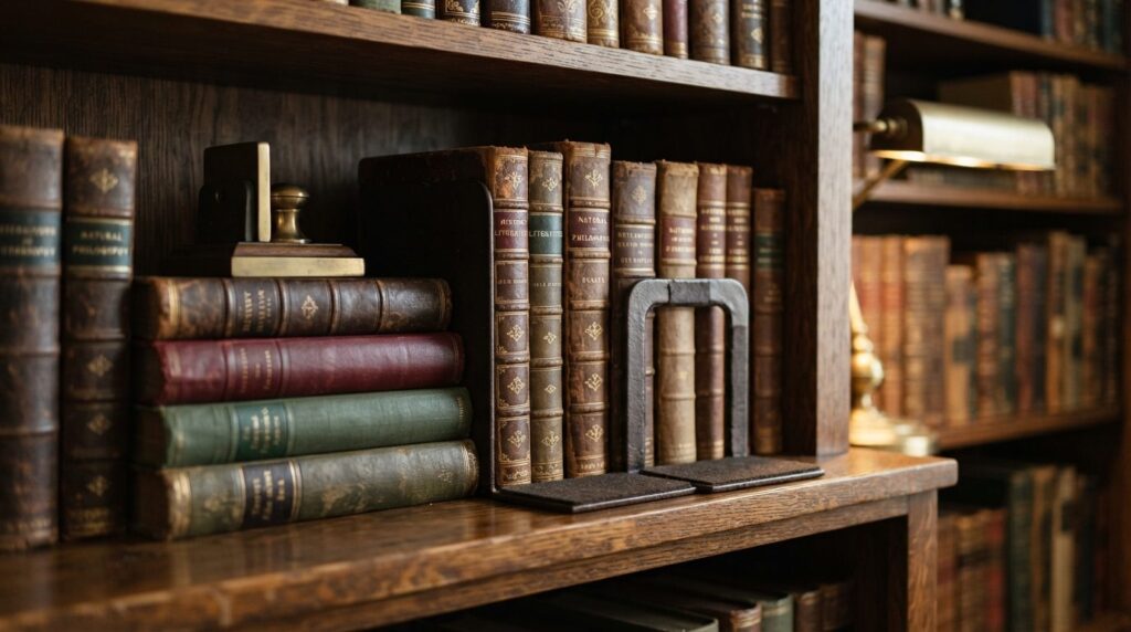 Close-up professional shot of antique hardcover books stored