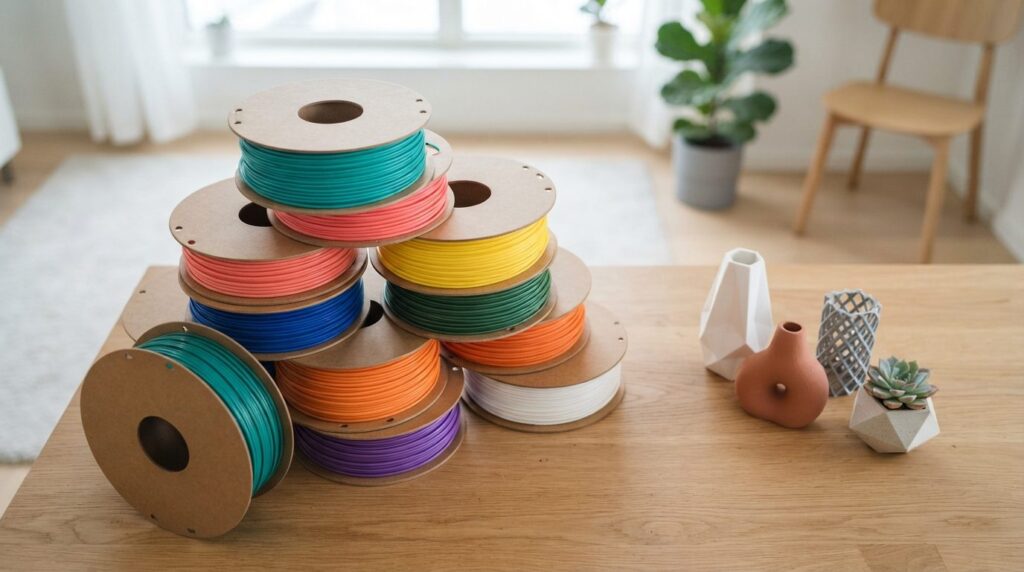 Close-up overhead shot of vibrant PLA+ filament rolls in mul