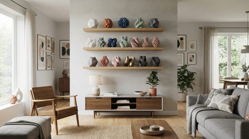Modern home interior scene showcasing handmade 3D-printed sc
