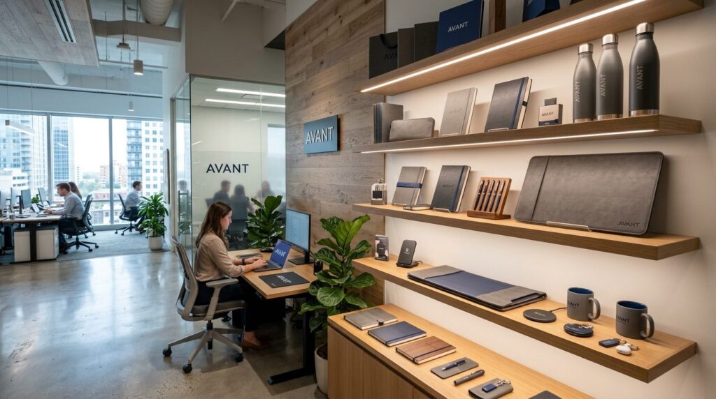 Modern boutique office interior with curated branded merchan