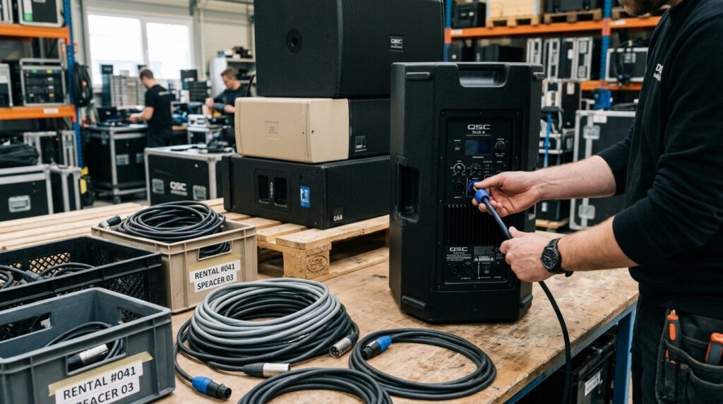 Close-up of professional speaker systems and audio cables be