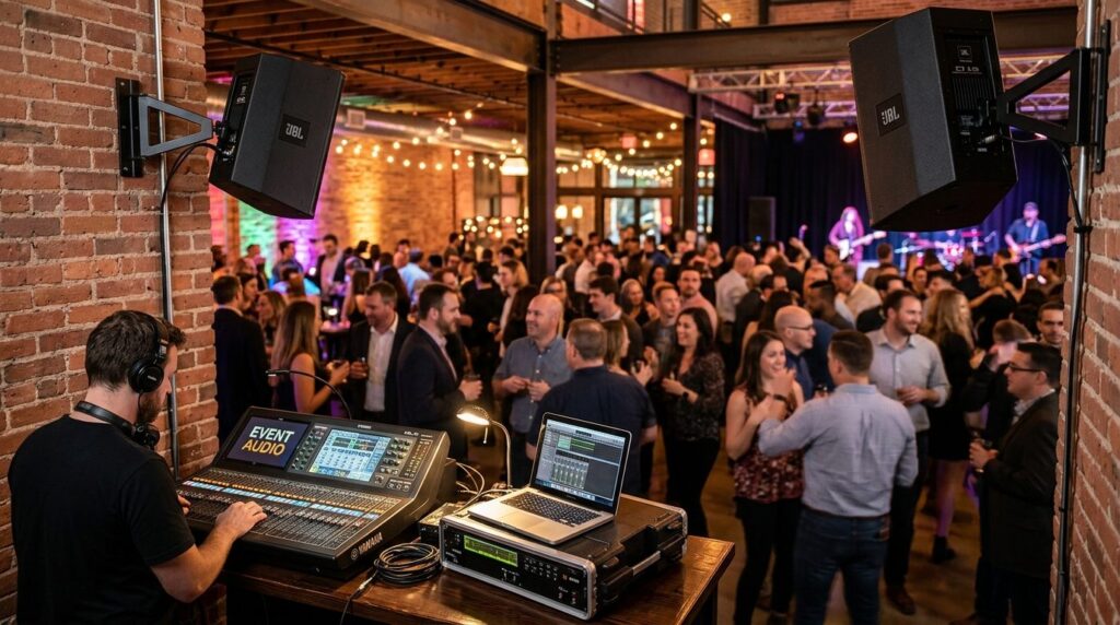 Interior of event space with rented professional audio syste