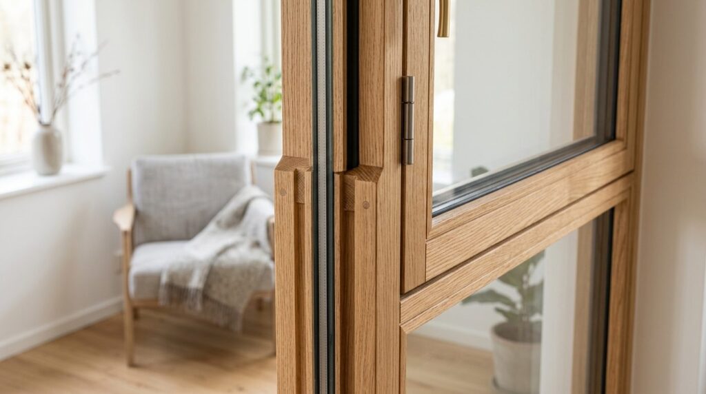 Trævindue i nærbillede, som viser detaljer af rammen.