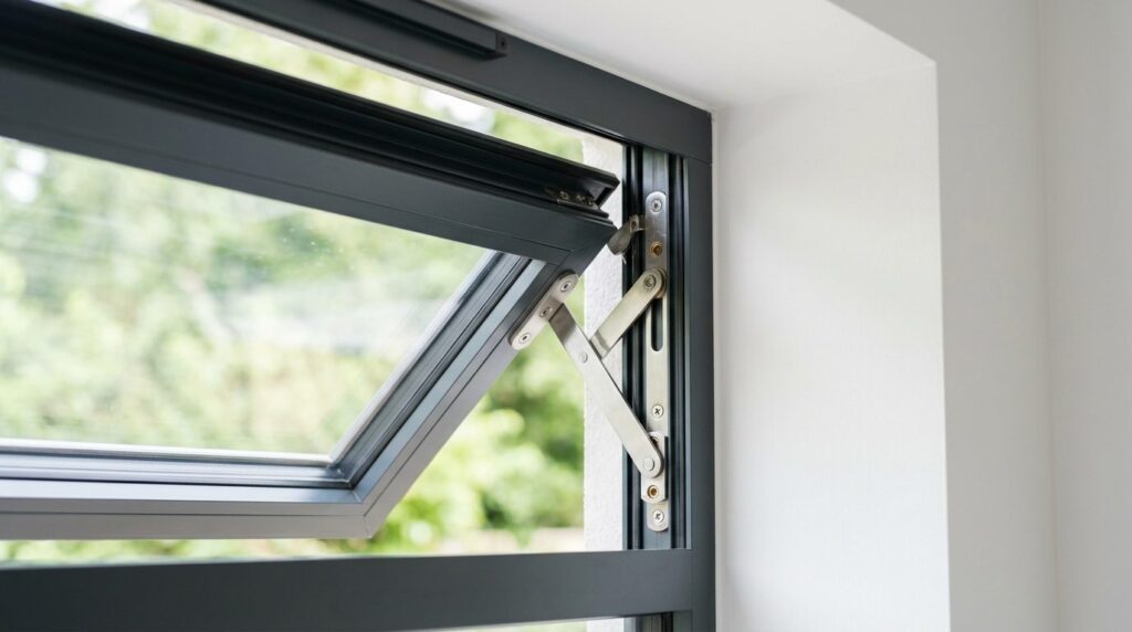 Close-up detail of a top-hung window mechanism in an open po