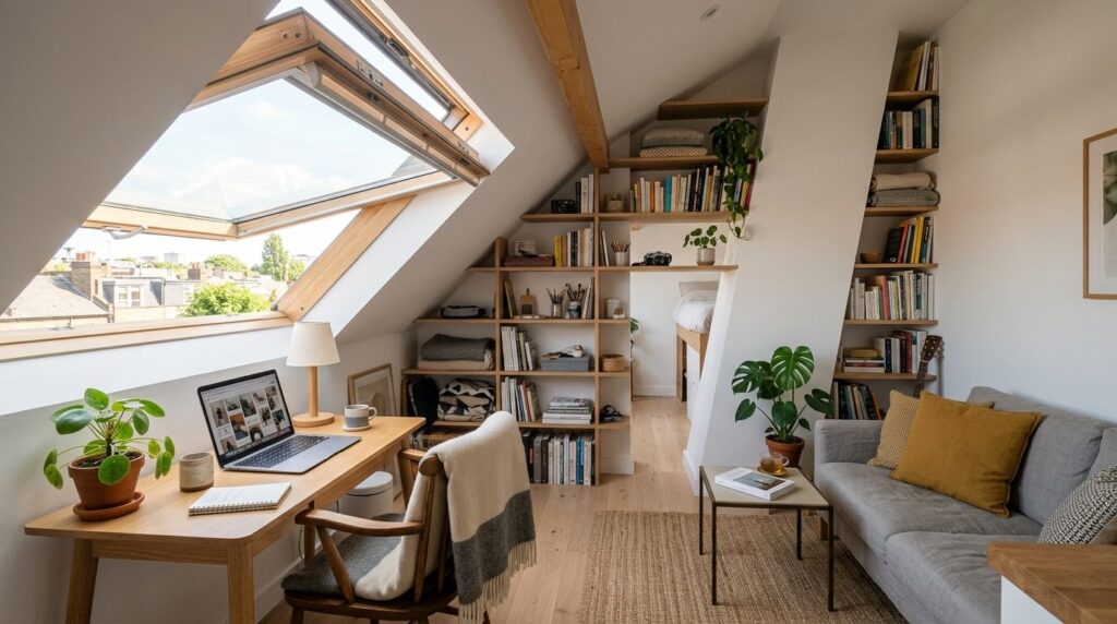Compact studio apartment with sloped ceiling and top-hung wi