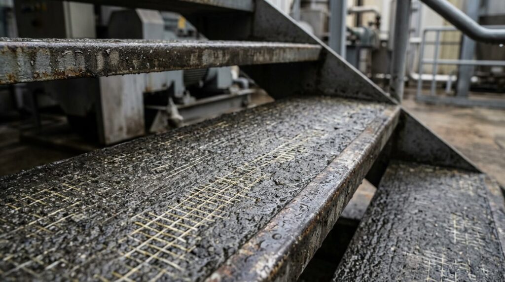 Close-up detail shot of weathered outdoor stair treads with