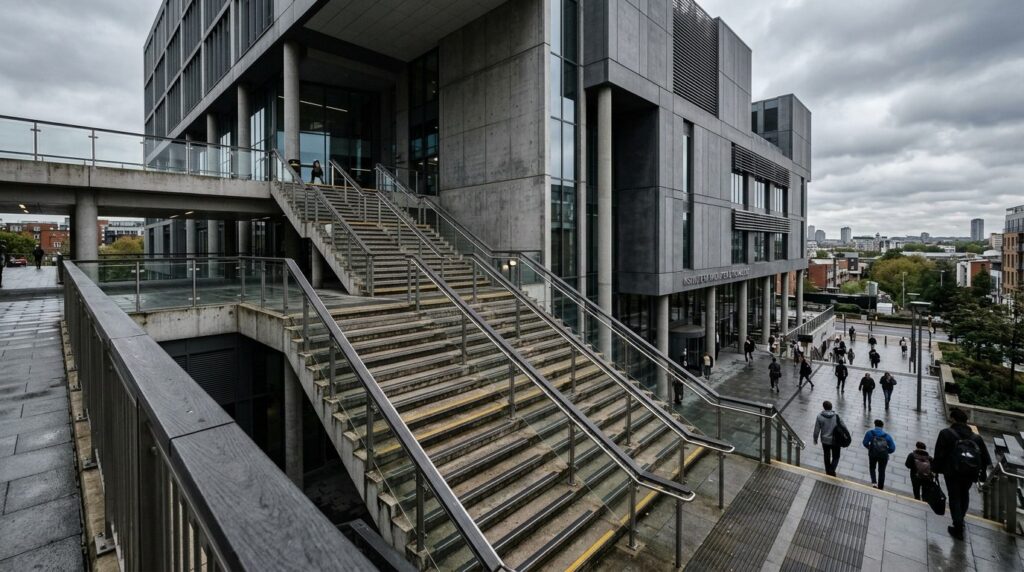 Wide-angle view of contemporary public institution building