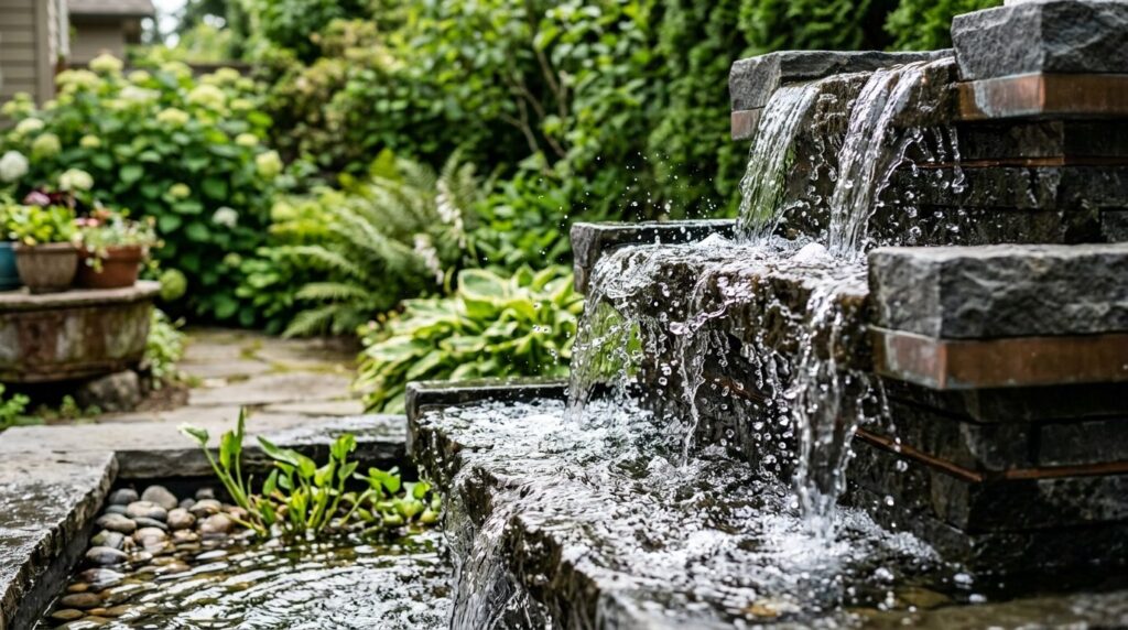 Close-up detail of cascading water flowing from a modern tie